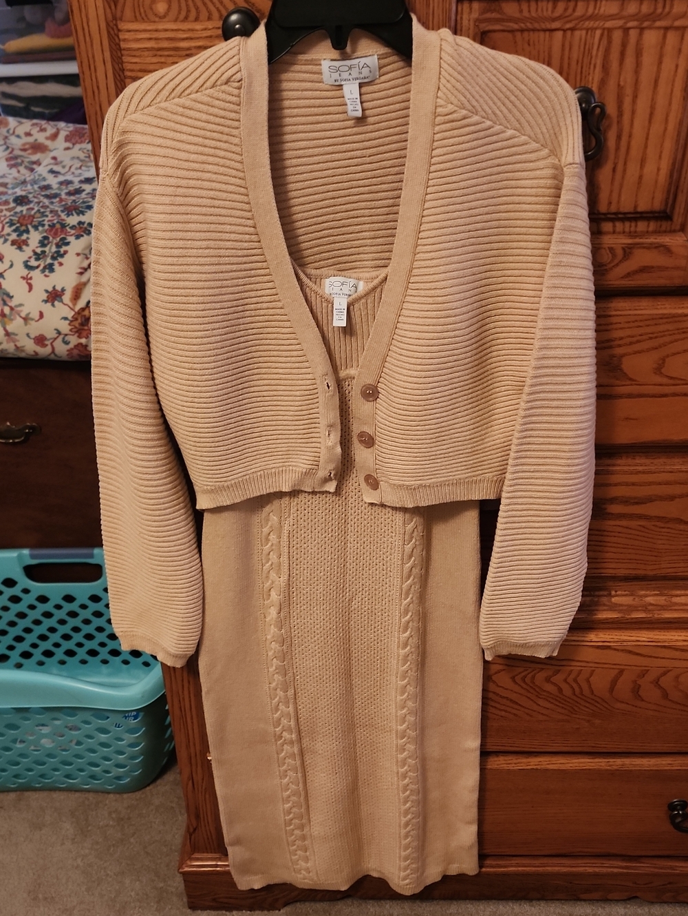 sofia by sofia vergara Beige Knit Midi Dress with Cropped Cardigan
